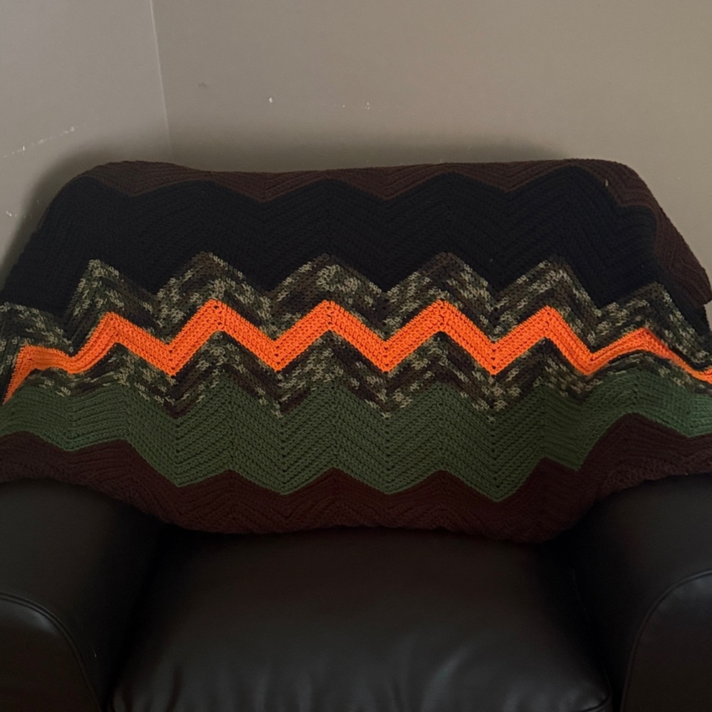 Handmade Crocheted Chevron Camoflauge/Brown/Green/Orange Blanket